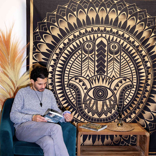 Doppelte Baumwolldecke + Wandbehang - Hamsa - Schwarzgold