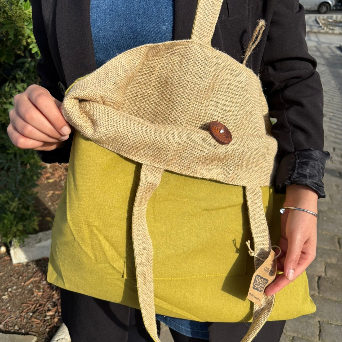 Grand sac réversible en jute et coton - Pistache