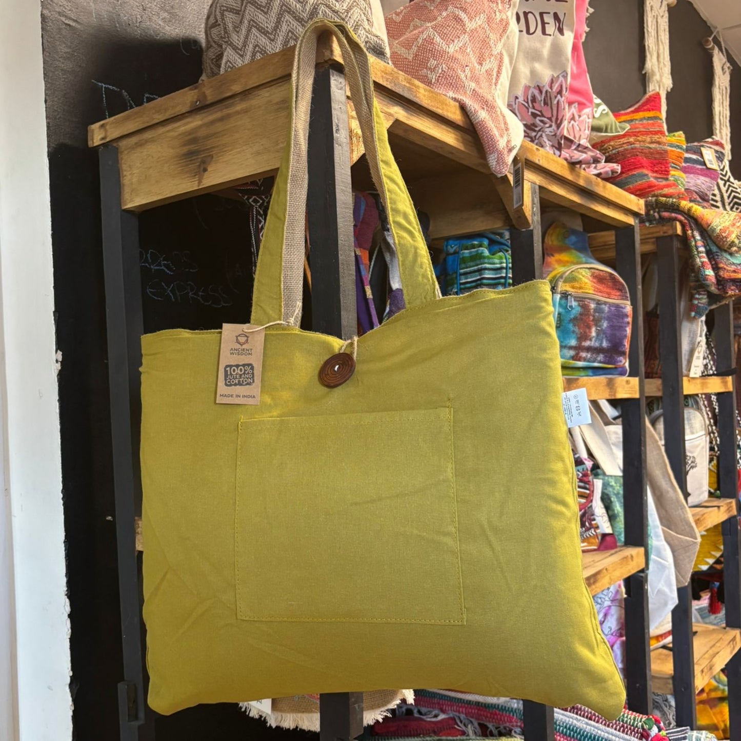 Grand sac réversible en jute et coton - Pistache