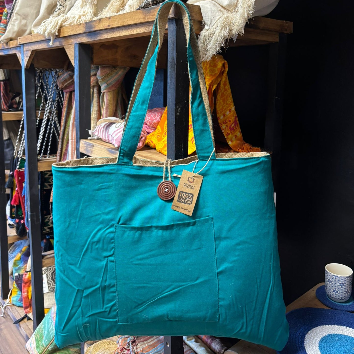 Grand sac réversible en jute et coton – Bleu sarcelle (7717C)