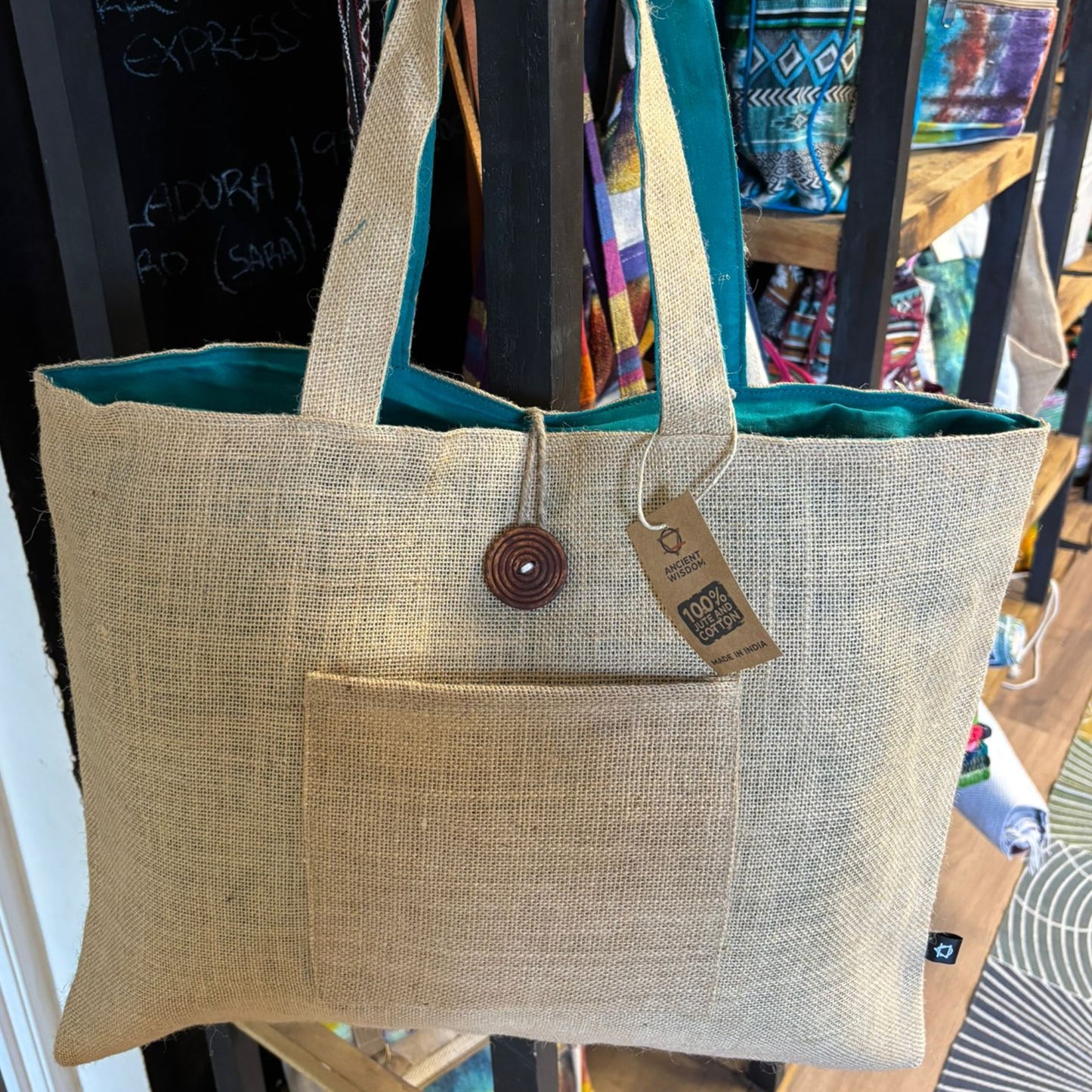 Grand sac réversible en jute et coton – Bleu sarcelle (7717C)