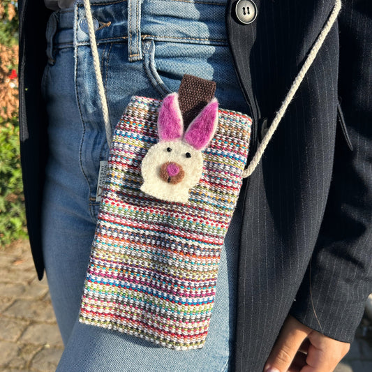 Sac de téléphone à rayures roses - Décoré d'un lapin