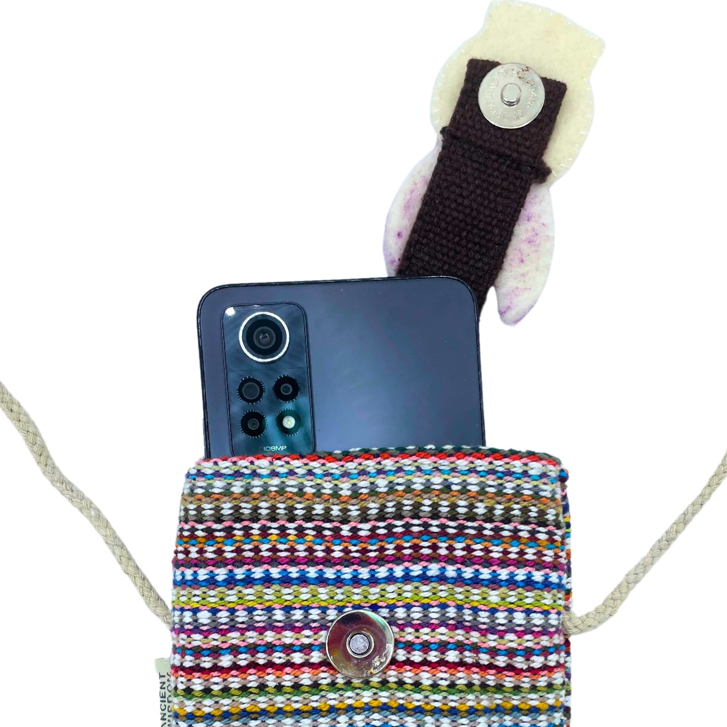 Sac de téléphone à rayures roses - Décoré d'un lapin