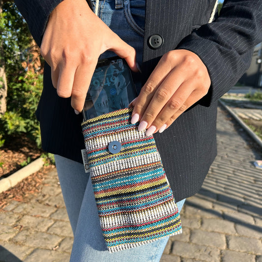 Sacoche pour téléphone à rayures multicolores et blanches - Décorée d'un hibou