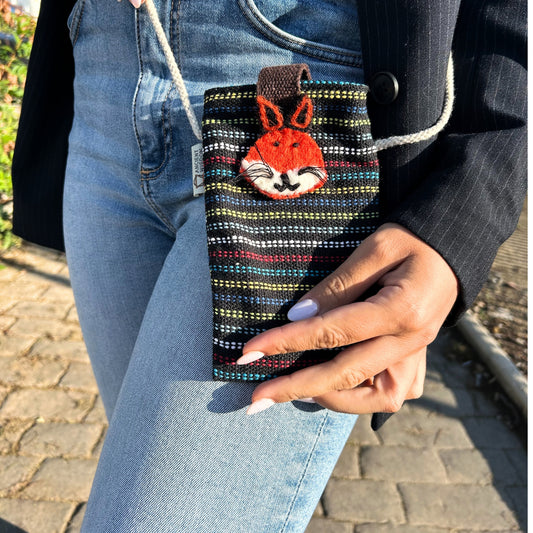 Sacoche pour téléphone noire et multicolore - Décorée de renard