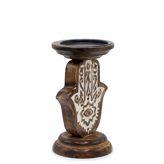 Kerzenhalter aus Mangoholz – Hamsa – Klein 18x11cm