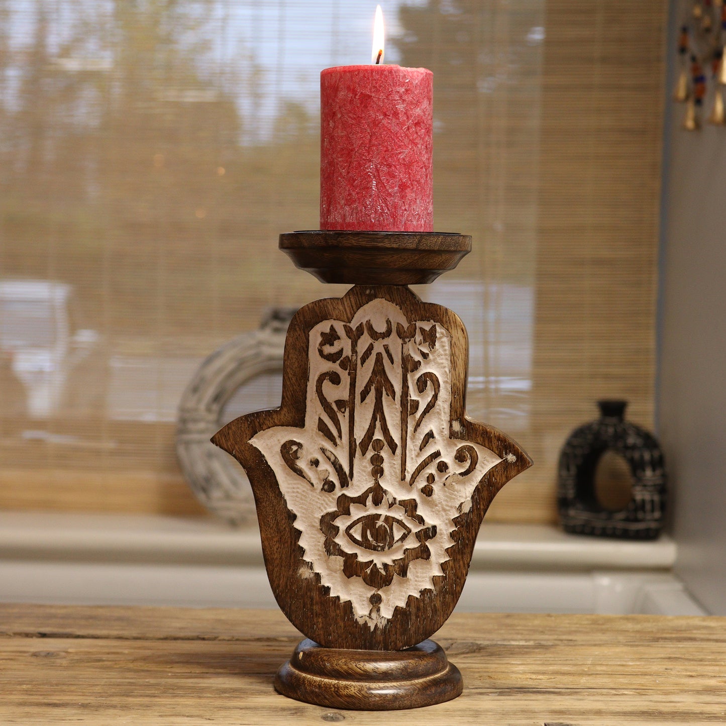 Kerzenhalter aus Mangoholz – Hamsa – Klein 18x11cm