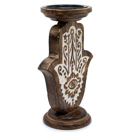 Kerzenhalter aus Mangoholz – Hamsa – Groß 25 x 18 cm