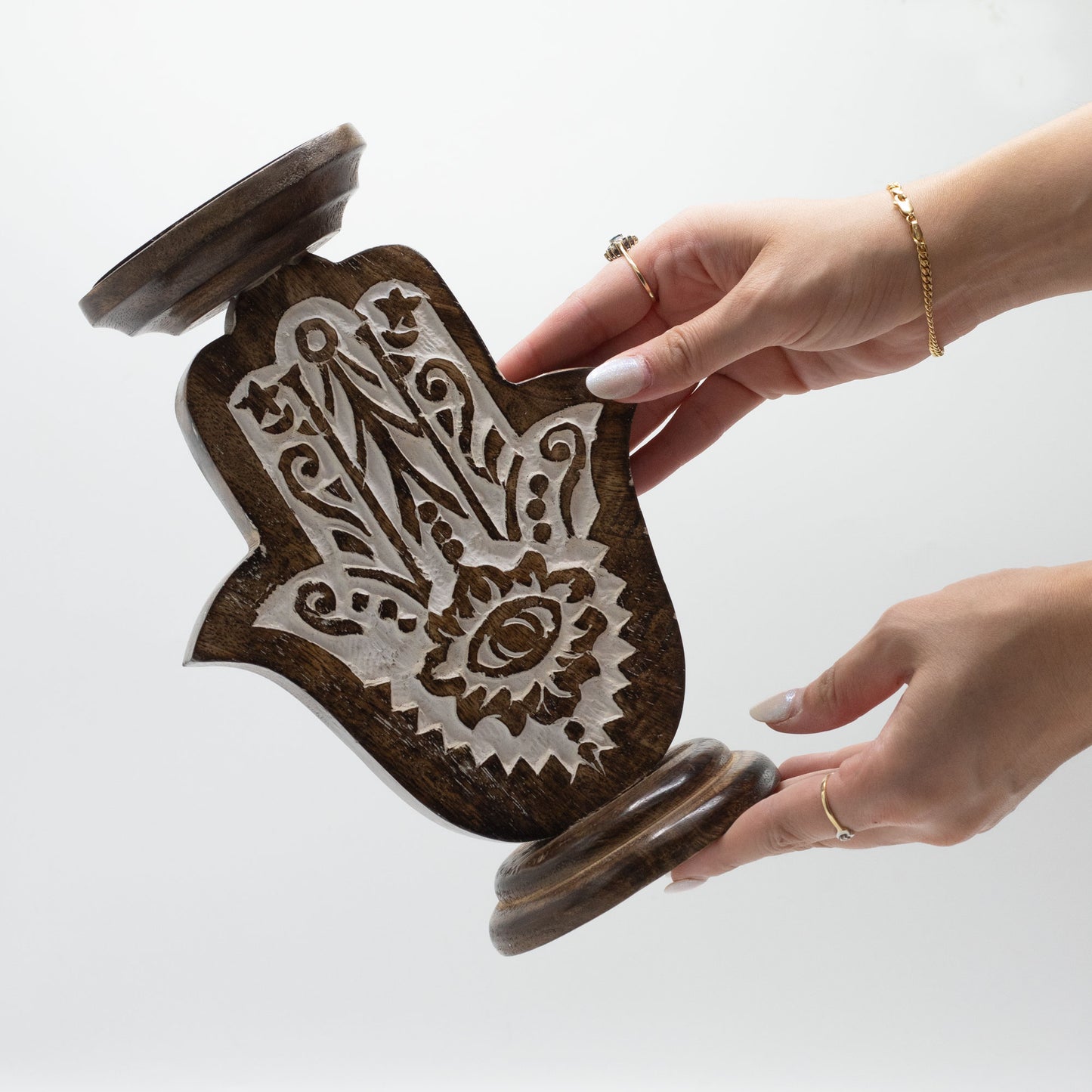 Kerzenhalter aus Mangoholz – Hamsa – Groß 25 x 18 cm