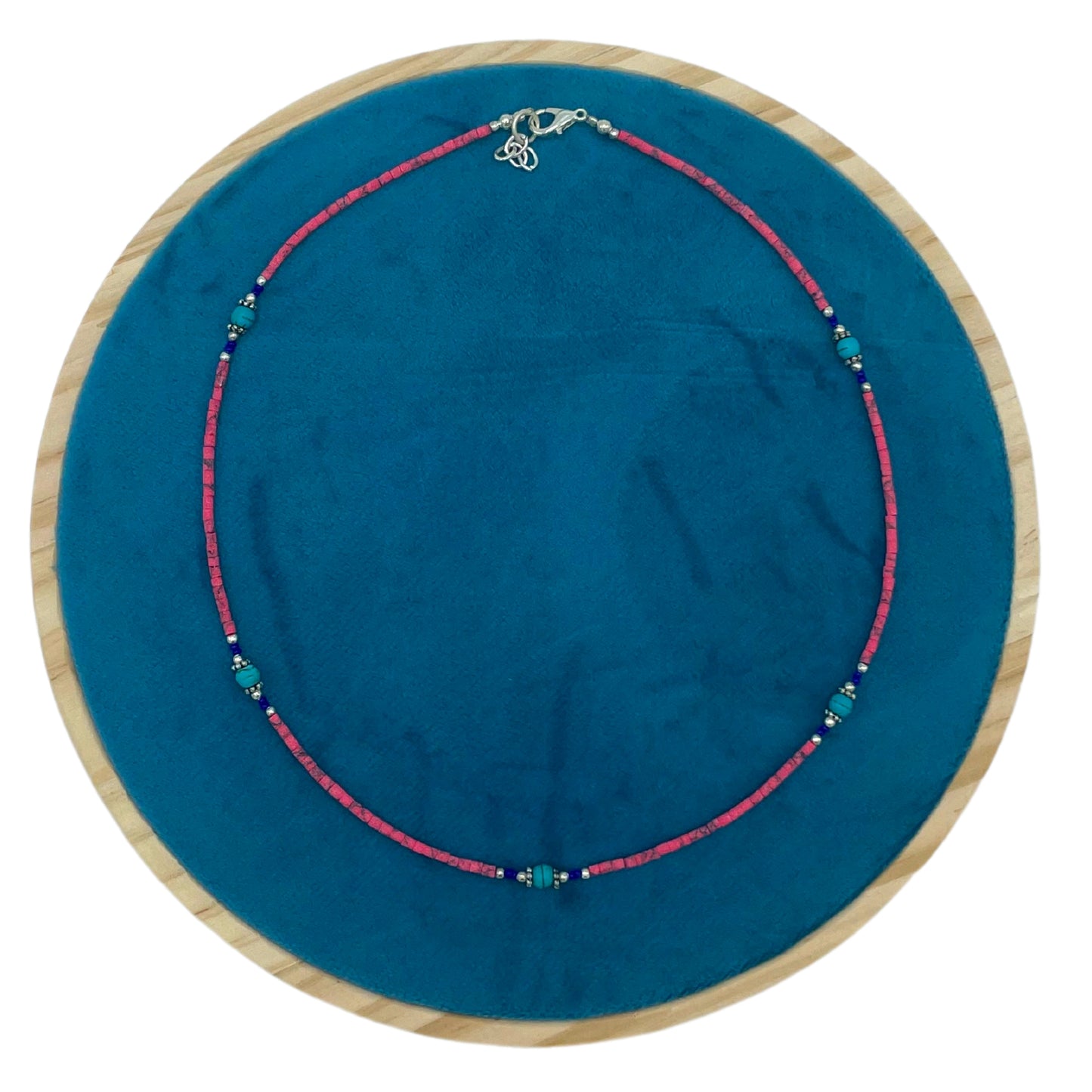 Collier népalais en pierres précieuses extra-fines - perles de corail rose et turquoise