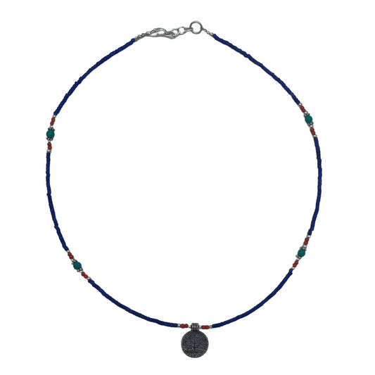 Collier népalais en pierres précieuses extra-fines - onyx bleu et arbre de vie