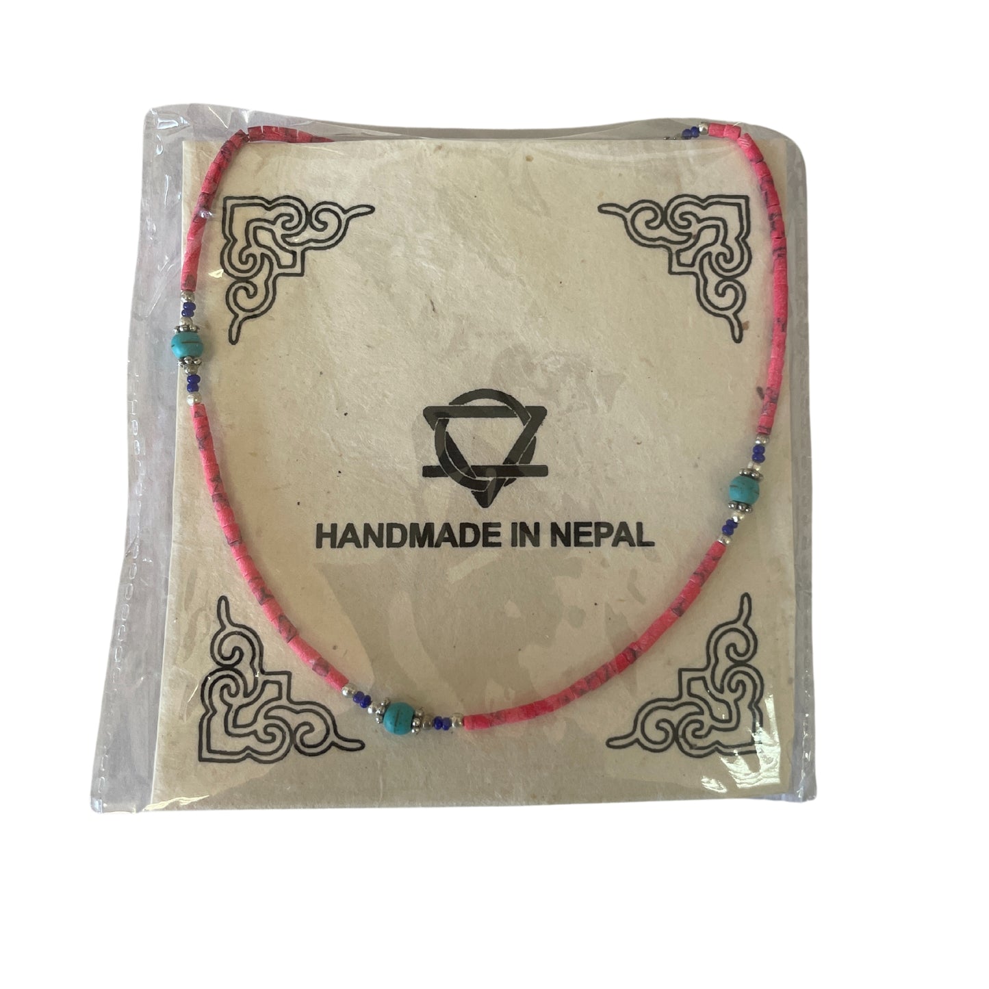 Collier népalais en pierres précieuses extra-fines - perles de corail rose et turquoise