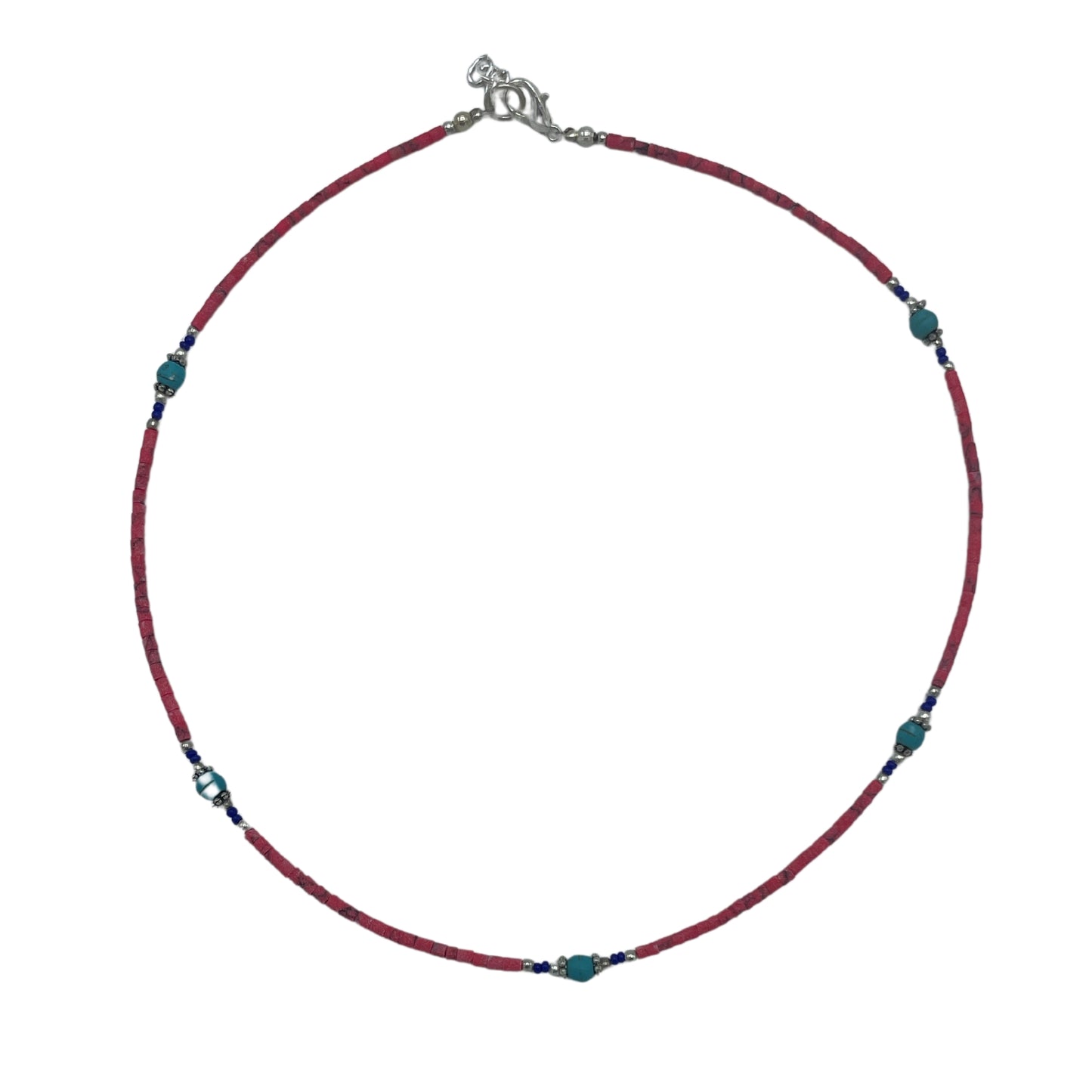 Collier népalais en pierres précieuses extra-fines - perles de corail rose et turquoise