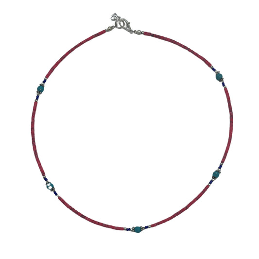 Collier népalais en pierres précieuses extra-fines - perles de corail rose et turquoise