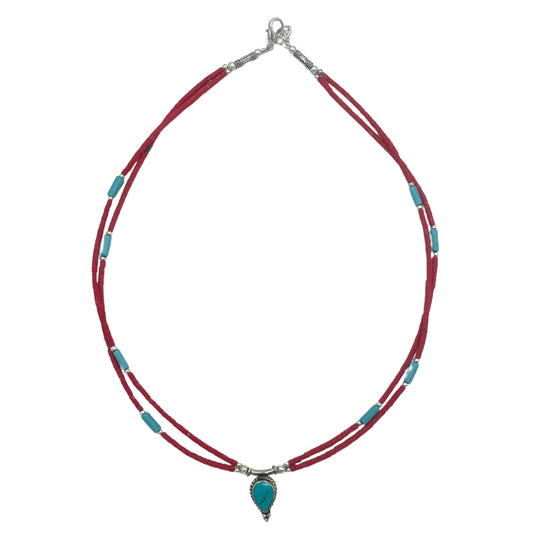 Collier népalais extra-fin à deux rangs - Pendentif rose et turquoise