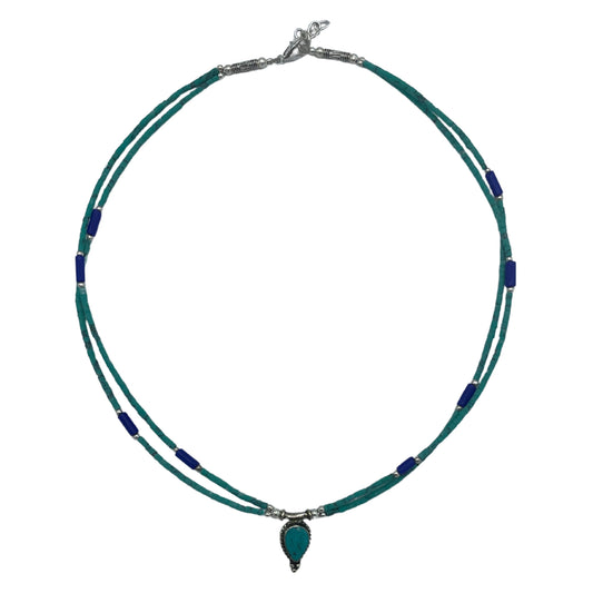 Collier népalais extra-fin à deux rangs - Pendentif lapis-lazuli et malachite
