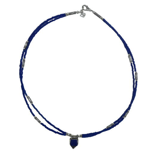 Collier népalais extra-fin à deux rangs - Pendentif en onyx bleu et lapis-lazuli