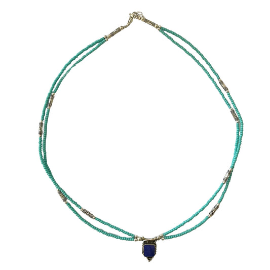 Collier népalais extra-fin à deux rangs - Pendentif turquoise et lapis-lazuli