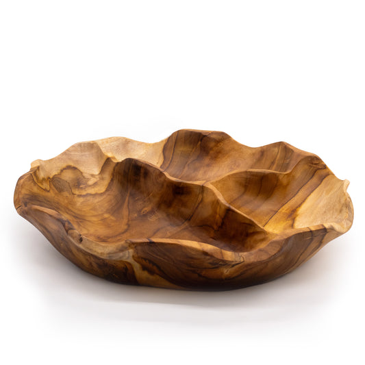 Glatte, runde Obstschale aus Teakholz mit drei Abschnitten – 30 x 5,5 cm