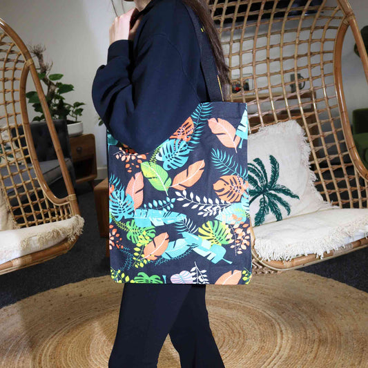 Sac fourre-tout zippé classique (motif tropical foncé) 40 x 34 cm
