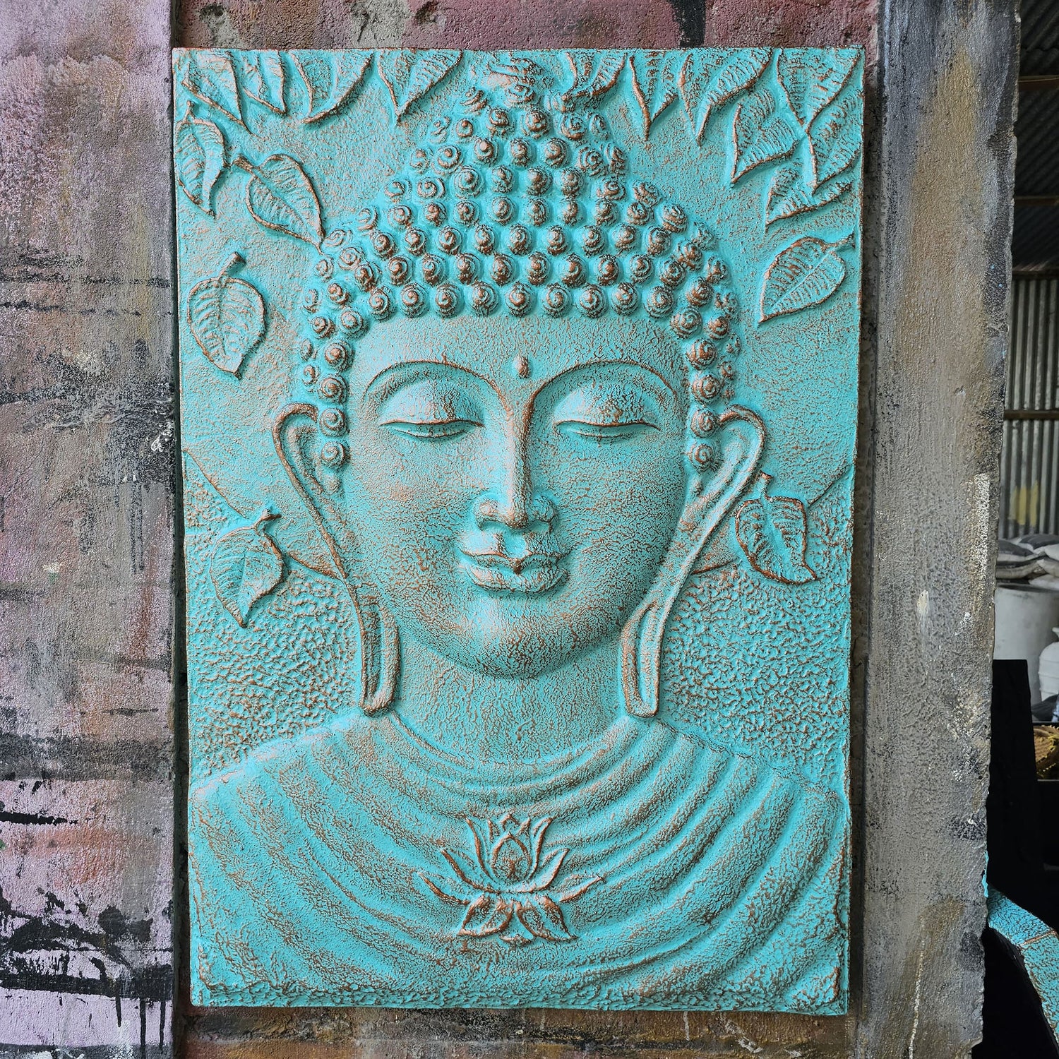 Gran Buda Marco de cemento fibrótico Turquesa Relieve - 0.7x1m