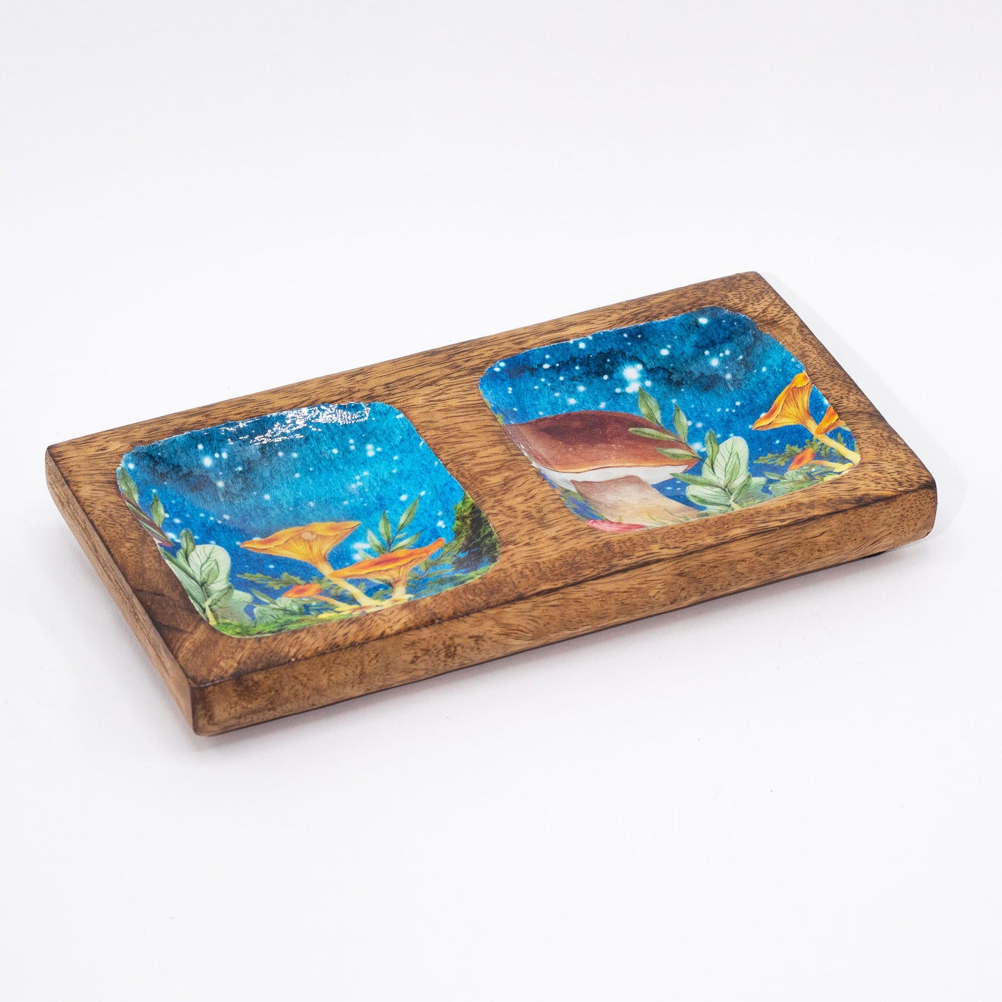 Doppeltes Tablett 20 x 10 x 2,5 cm – Blaugrünes Pilzdesign