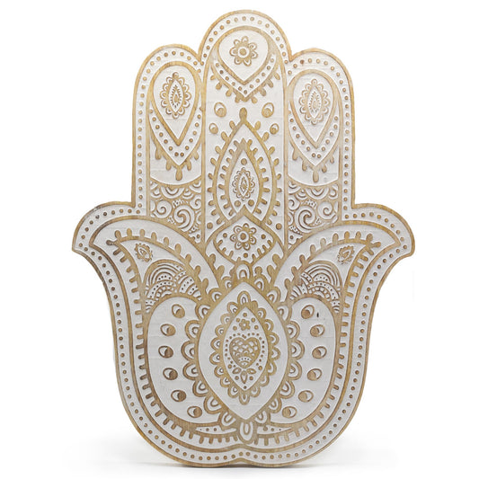 Placa de pared Mano de Hamsa en madera de Mango - Blanco