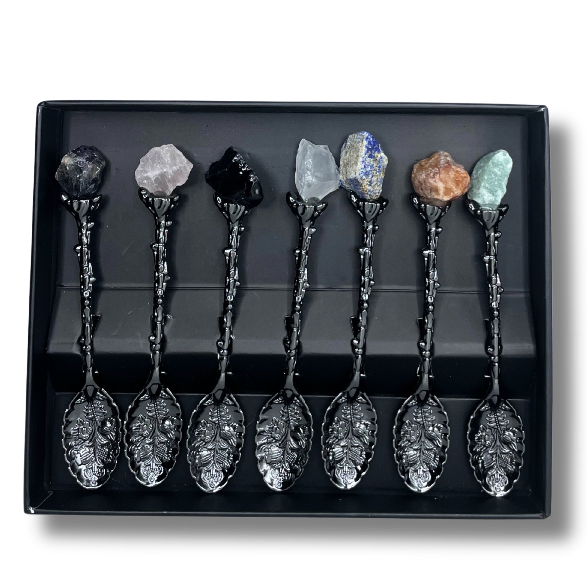 Juego de 7 Cucharas de Bruja de Cristal de Piedra Preciosa de Plata Oscura