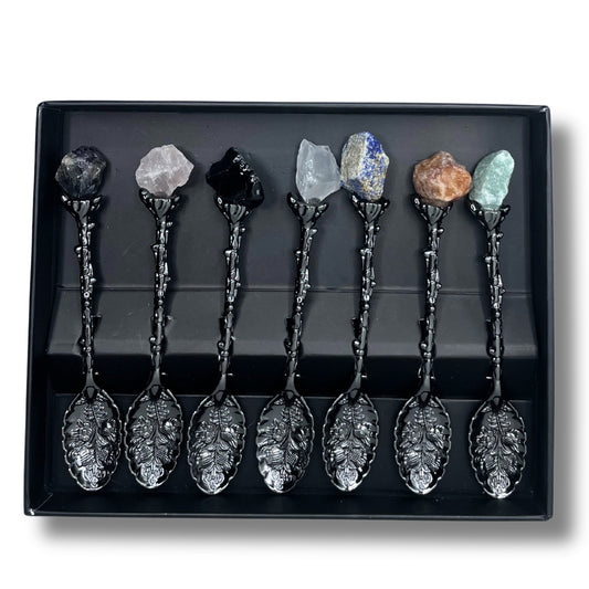 Juego de 7 Cucharas de Bruja de Cristal de Piedra Preciosa de Plata Oscura