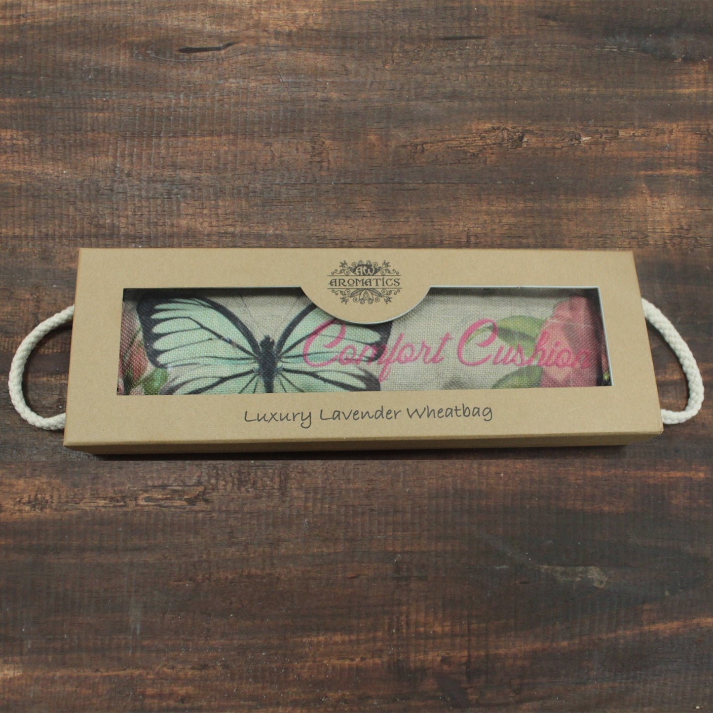 Sac de blé dans une boîte cadeau - papillon et roses
