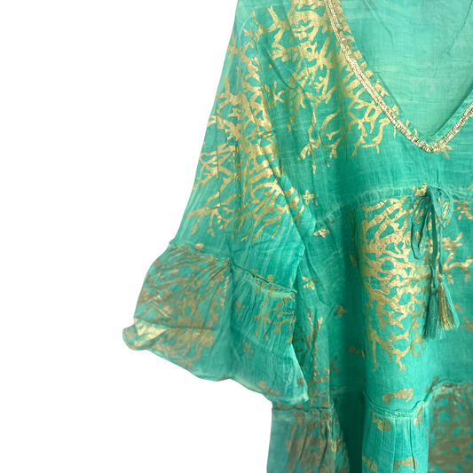 (LXL) Colección Nomad Sari - Vestido - Diseño en turquesa y coral dorado