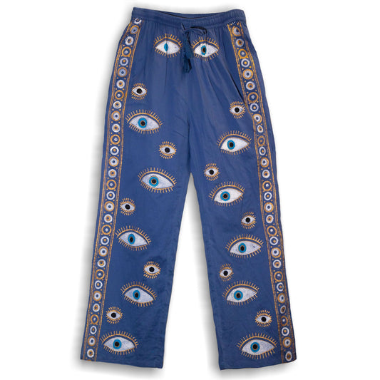 (LXL) Colección Nómada Sari Mediterráneo - Pantalones - Diseño del Ojo Maligno en Azul Rico y Oro