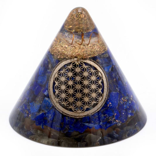 Cône d'orgonite - Fleur de vie - Quartz suspendu - 90 mm