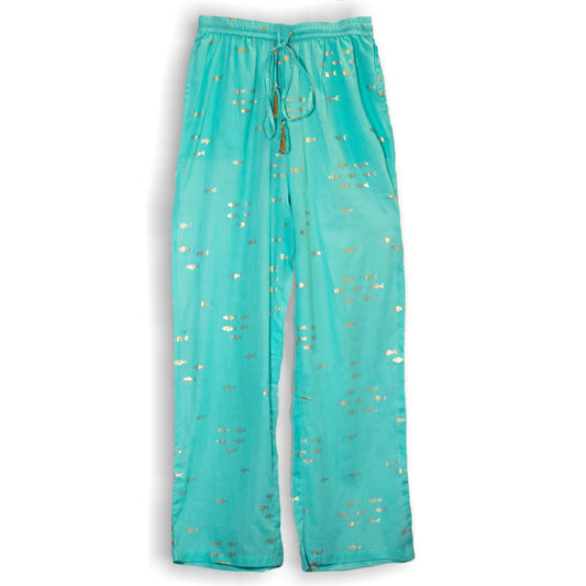 (LXL) Colección Nómada Sari Mediterráneo - Pantalones - Diseño de Peces en Turquesa y Oro