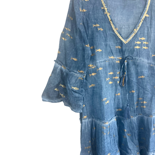 (LXL) Colección Nomad Sari - Vestido - Diseño de pez azul marino y dorado