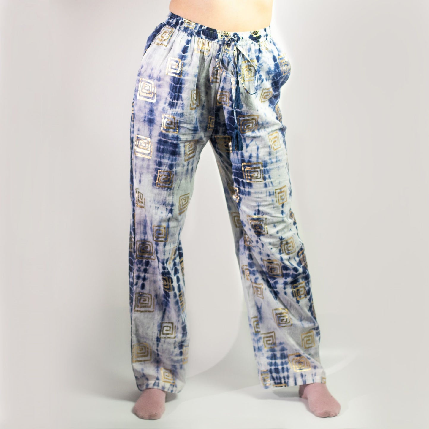 (LXL) Colección Nómada Sari Mediterráneo - Pantalones - Motivo Griego en Oro y Azul