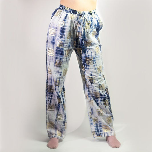 (LXL) Colección Nómada Sari Mediterráneo - Pantalones - Motivo Griego en Oro y Azul
