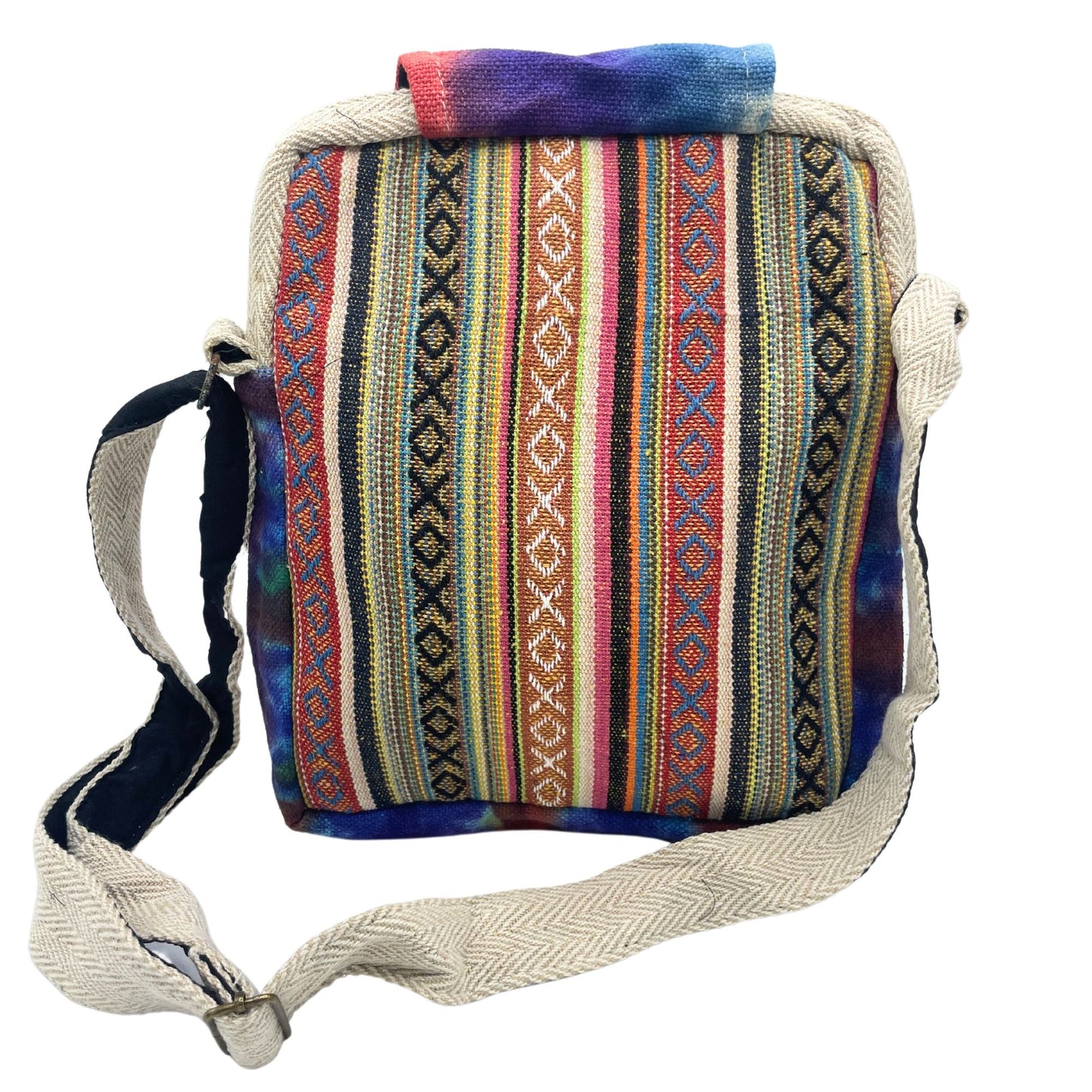 Sac bandoulière en chanvre teint avec 2 fermetures éclair et rabat