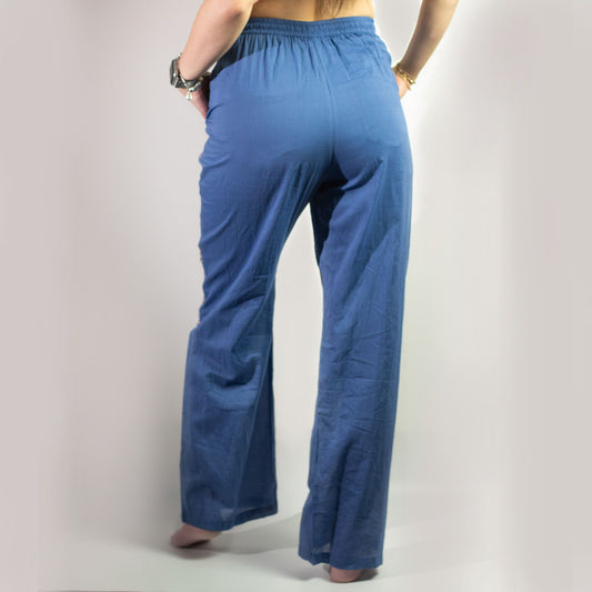 (LXL) Colección Nómada Sari Mediterráneo - Pantalones - Diseño del Ojo Maligno en Azul Rico y Oro