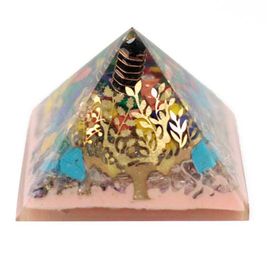 Grande pyramide en organite 70 cm - Base en arbre (base en terre)