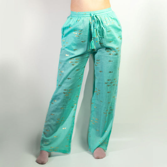 (LXL) Colección Nómada Sari Mediterráneo - Pantalones - Diseño de Peces en Turquesa y Oro