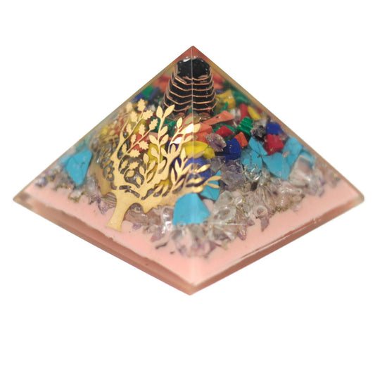 Grande pyramide en organite 70 cm - Base en arbre (base en terre)
