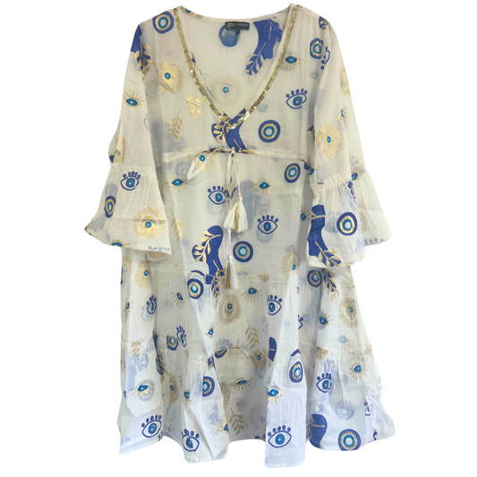 (LXL) Colección Nomad Sari - Vestido - Diseño de mal de ojo blanco, azul y dorado