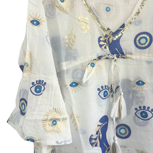 (ML) Colección Nomad Sari  - Vestido - Diseño de mal de ojo blanco, azul y dorado