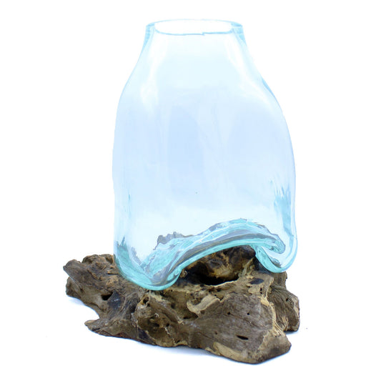 Grand vase en verre fusionné - Pot de terrarium sur bois