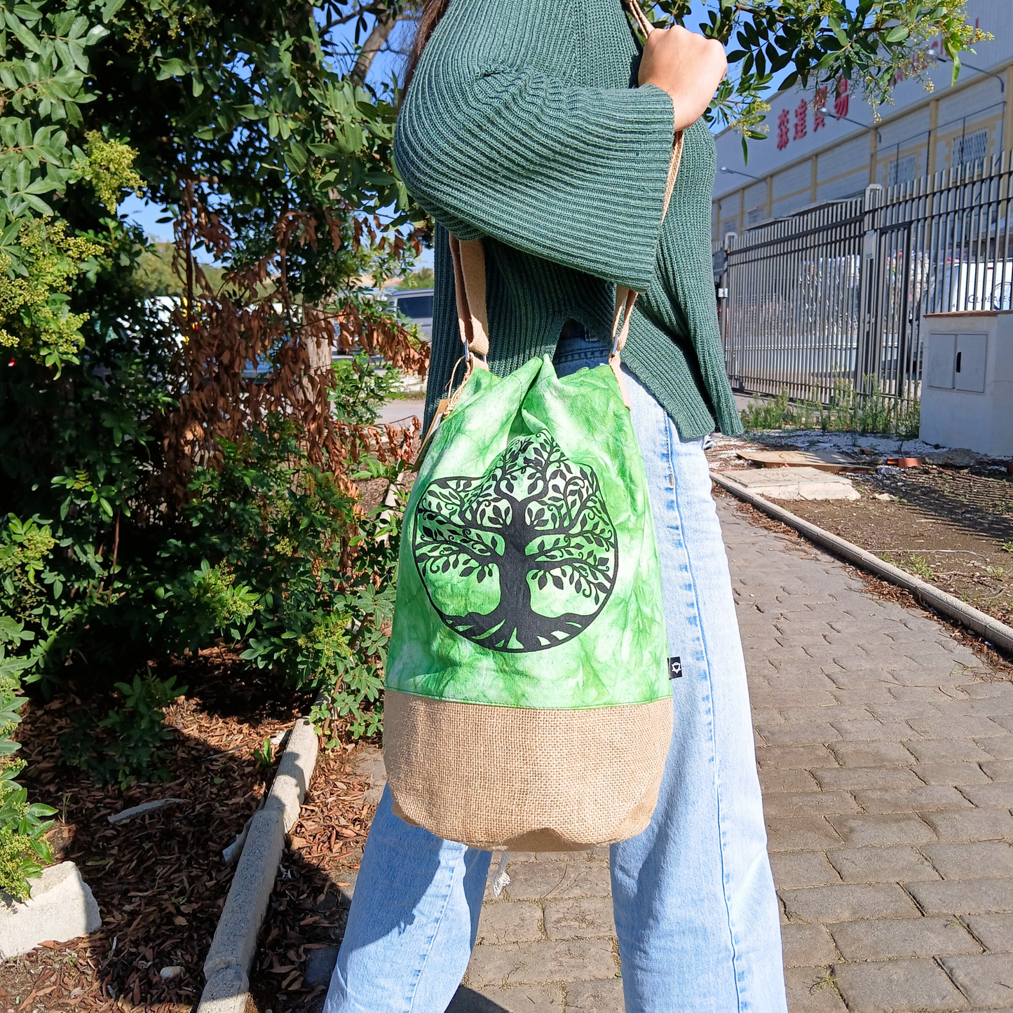 Sac à dos 100 % naturel - Effet délavé vert - Arbre de vie